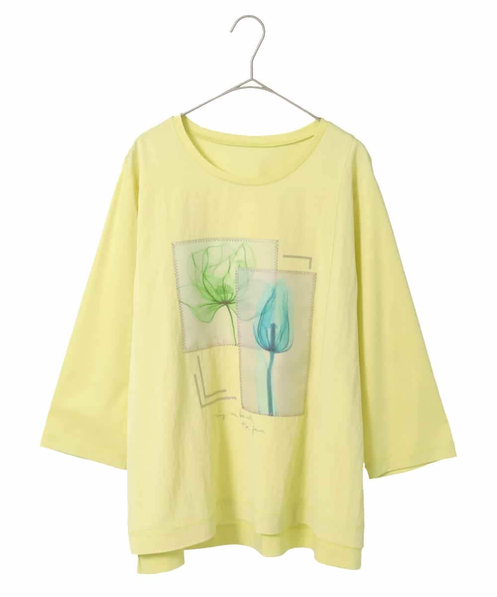 RLKFD38280 HIROKO BIS GRANDE(ヒロコ ビス グランデ) 【大きいサイズ】異素材ジョイントコラージュデザインカットソー イエロー