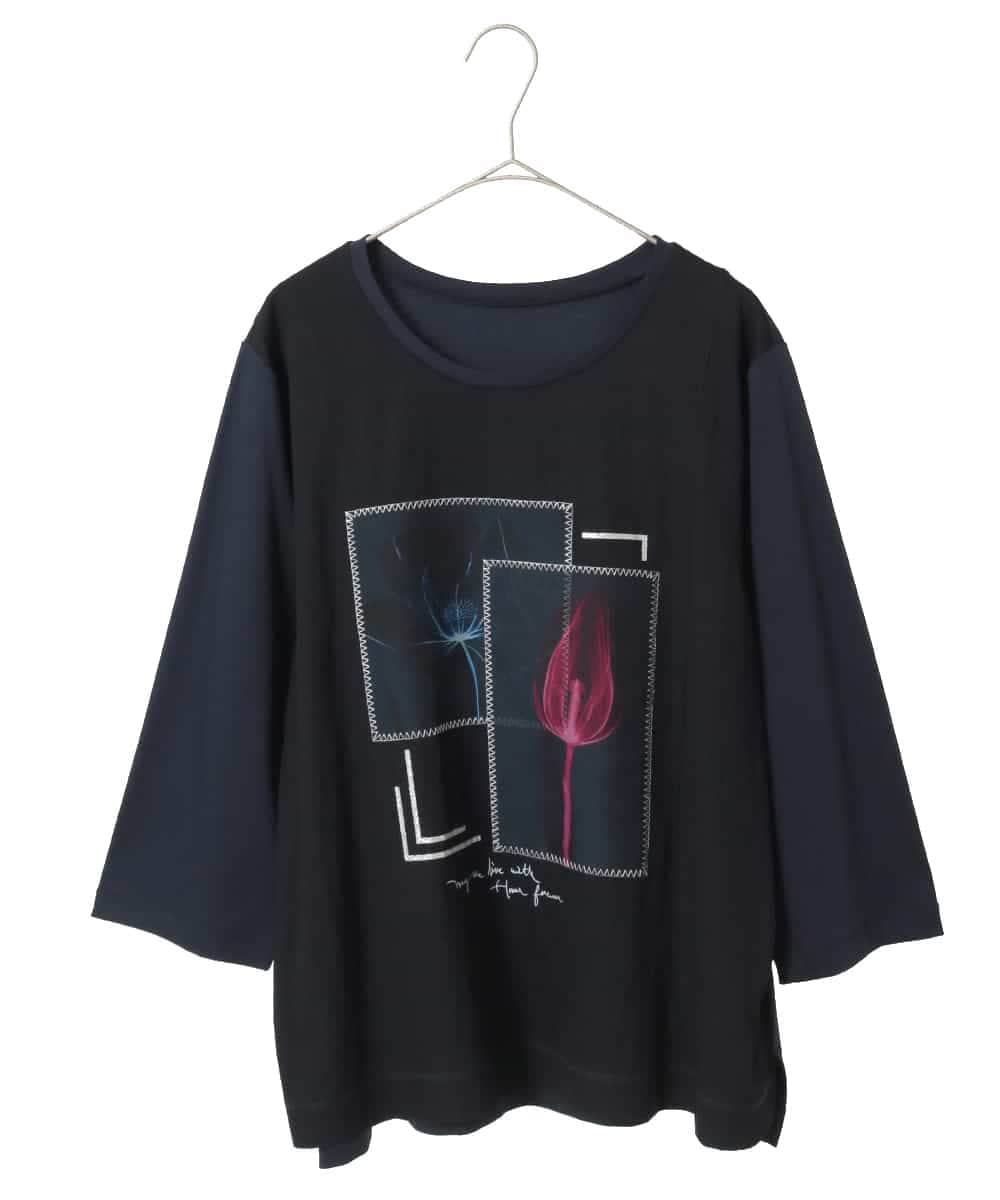 RLKFD38280 HIROKO BIS GRANDE(ヒロコ ビス グランデ) 【大きいサイズ】異素材ジョイントコラージュデザインカットソー ネイビー