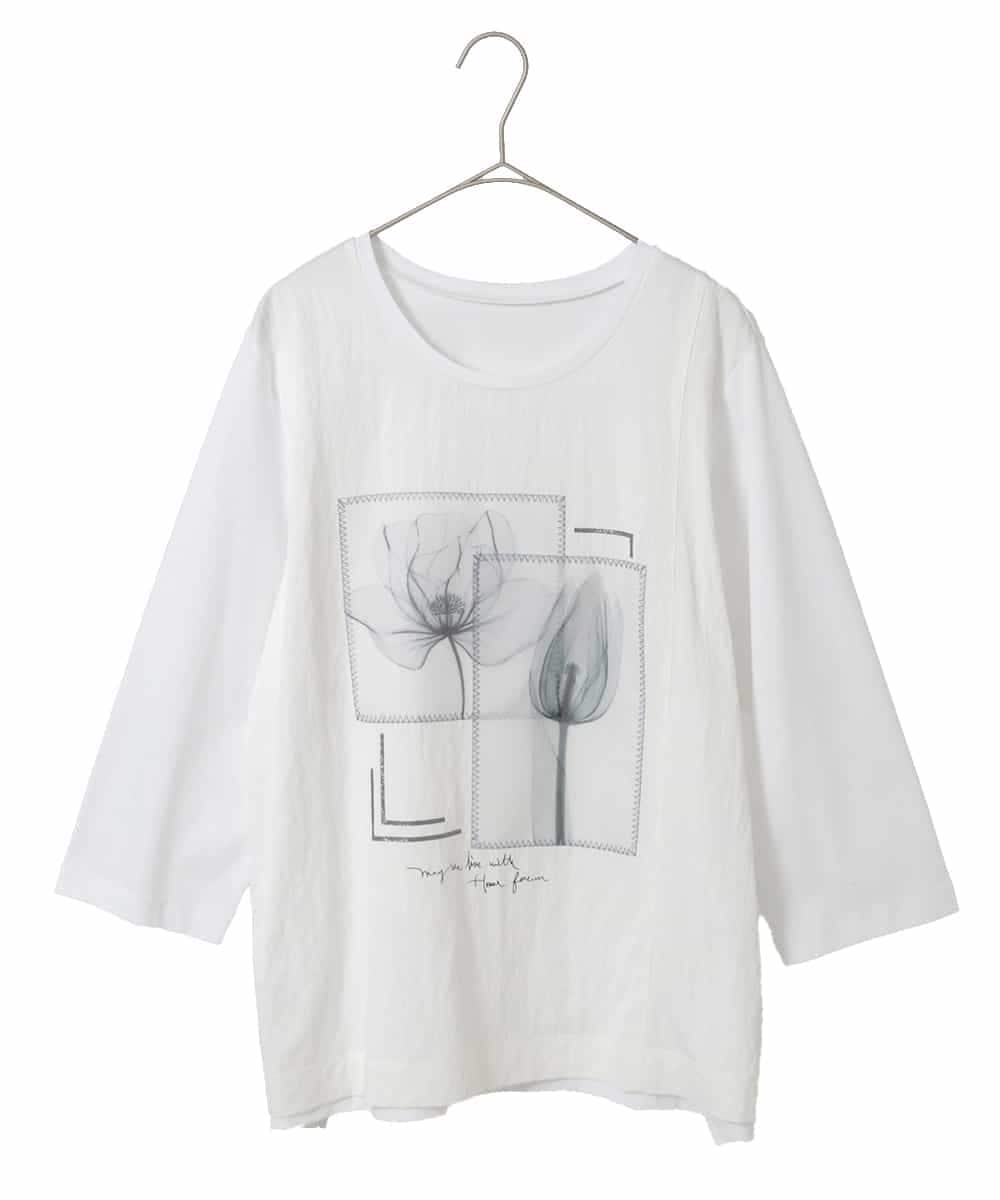 RLKFD38280 HIROKO BIS GRANDE(ヒロコ ビス グランデ) 【大きいサイズ】異素材ジョイントコラージュデザインカットソー ホワイト