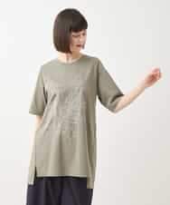 RLKGA08210 HIROKO BIS GRANDE(ヒロコ ビス グランデ) 【大きいサイズ】ステッチ刺繍デザインチュニックTシャツ /洗える カーキ