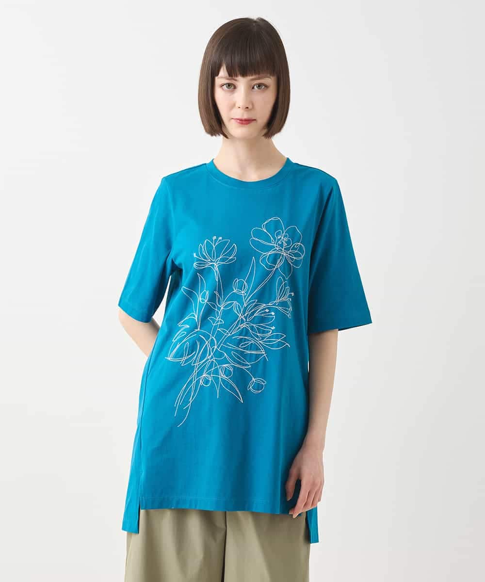 RLKGA08210 HIROKO BIS GRANDE(ヒロコ ビス グランデ) 【大きいサイズ】ステッチ刺繍デザインチュニックTシャツ /洗える カーキ