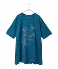RLKGA08210 HIROKO BIS GRANDE(ヒロコ ビス グランデ) 【大きいサイズ】ステッチ刺繍デザインチュニックTシャツ /洗える ブルー