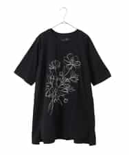 RLKGA08210 HIROKO BIS GRANDE(ヒロコ ビス グランデ) 【大きいサイズ】ステッチ刺繍デザインチュニックTシャツ /洗える ブラック