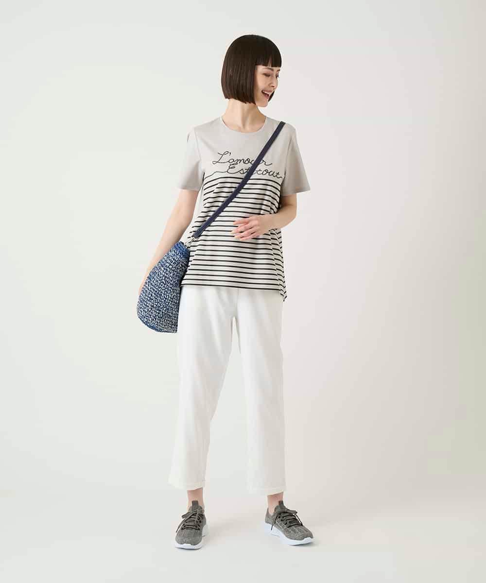 RLKGE45250 HIROKO BIS GRANDE(ヒロコ ビス グランデ) ラメロゴ刺繍ボーダーＰtカットソー ライトグレー