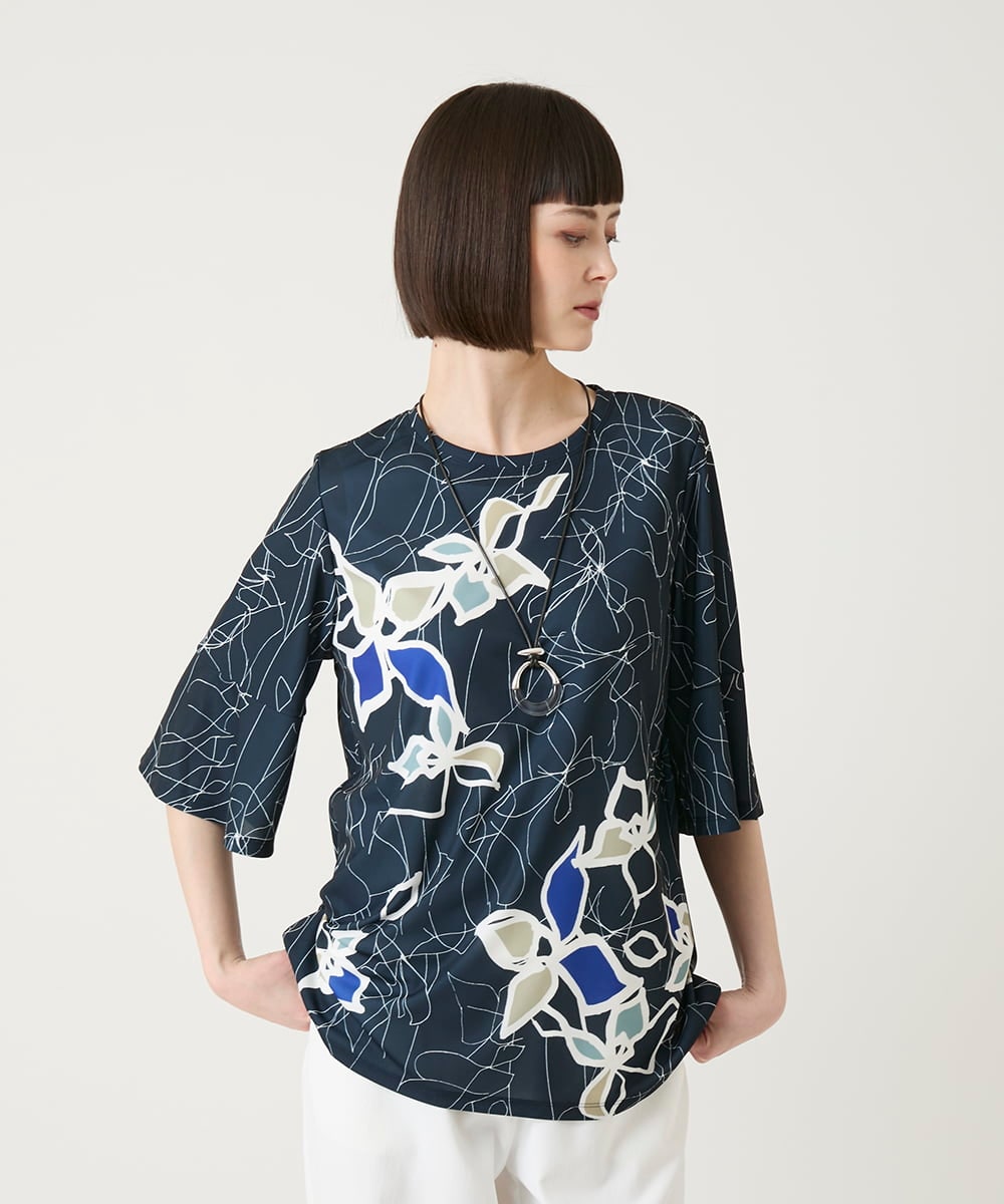 RLKGE47240 HIROKO BIS GRANDE(ヒロコ ビス グランデ) アートフラワーフレアスリーブカットソー ネイビー