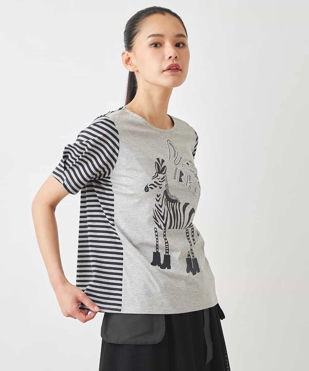 RLKGX01230 HIROKO BIS GRANDE(ヒロコ ビス グランデ) 【大きいサイズ】ドレスアッププリントTシャツ /洗える ライトグレー