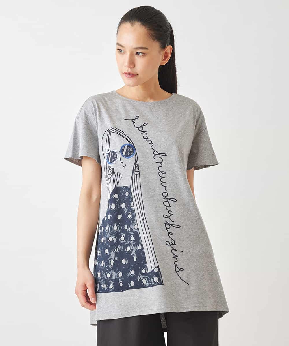 RLKGX04250 HIROKO BIS GRANDE(ヒロコ ビス グランデ) 【大きいサイズ】デザインプリントチュニックTシャツ /洗える ライトグレー