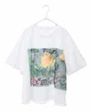 RLKHB30280 HIROKO BIS GRANDE(ヒロコ ビス グランデ) 【大きいサイズ】Busy ButterflyプリントレイヤードTシャツ /洗える ホワイト