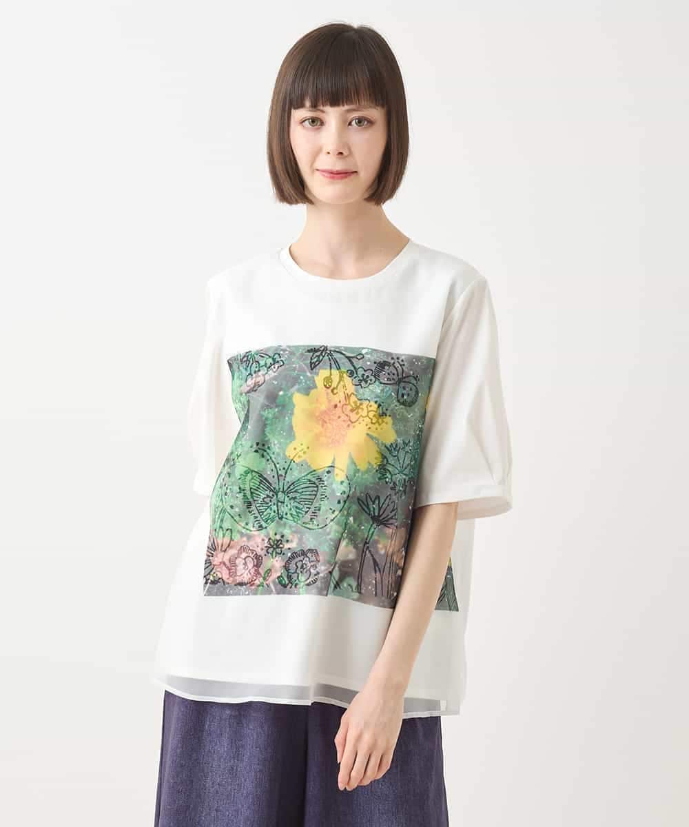 RLKHB30280 HIROKO BIS GRANDE(ヒロコ ビス グランデ) 【大きいサイズ】Busy ButterflyプリントレイヤードTシャツ /洗える ホワイト