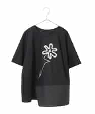 RLKIE11210 HIROKO BIS GRANDE(ヒロコ ビス グランデ) 【接触冷感】異素材切り替えフラワー刺繍デザインTシャツ ブラック