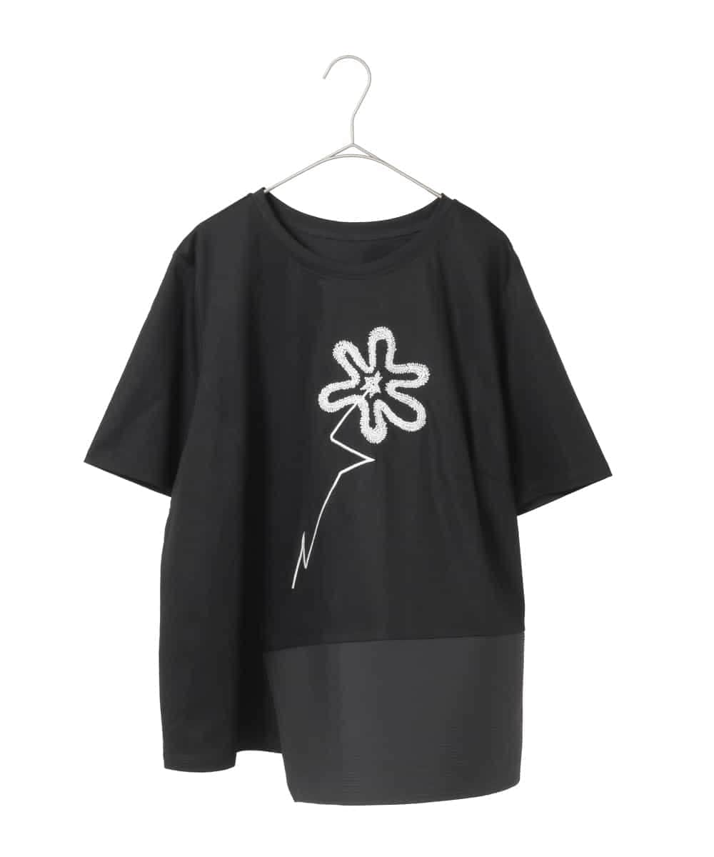 RLKIE11210 HIROKO BIS GRANDE(ヒロコ ビス グランデ) 【接触冷感】異素材切り替えフラワー刺繍デザインTシャツ ブラック