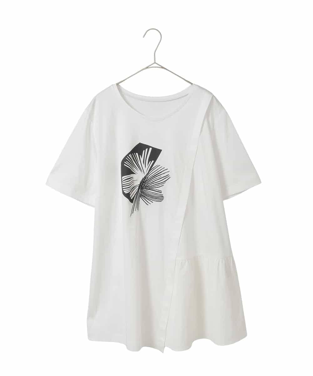 RLKIE12230 HIROKO BIS GRANDE(ヒロコ ビス グランデ) 【大きいサイズ/接触冷感】刺繍モチーフアシンメトリーチュニックTシャツ /洗える ホワイト
