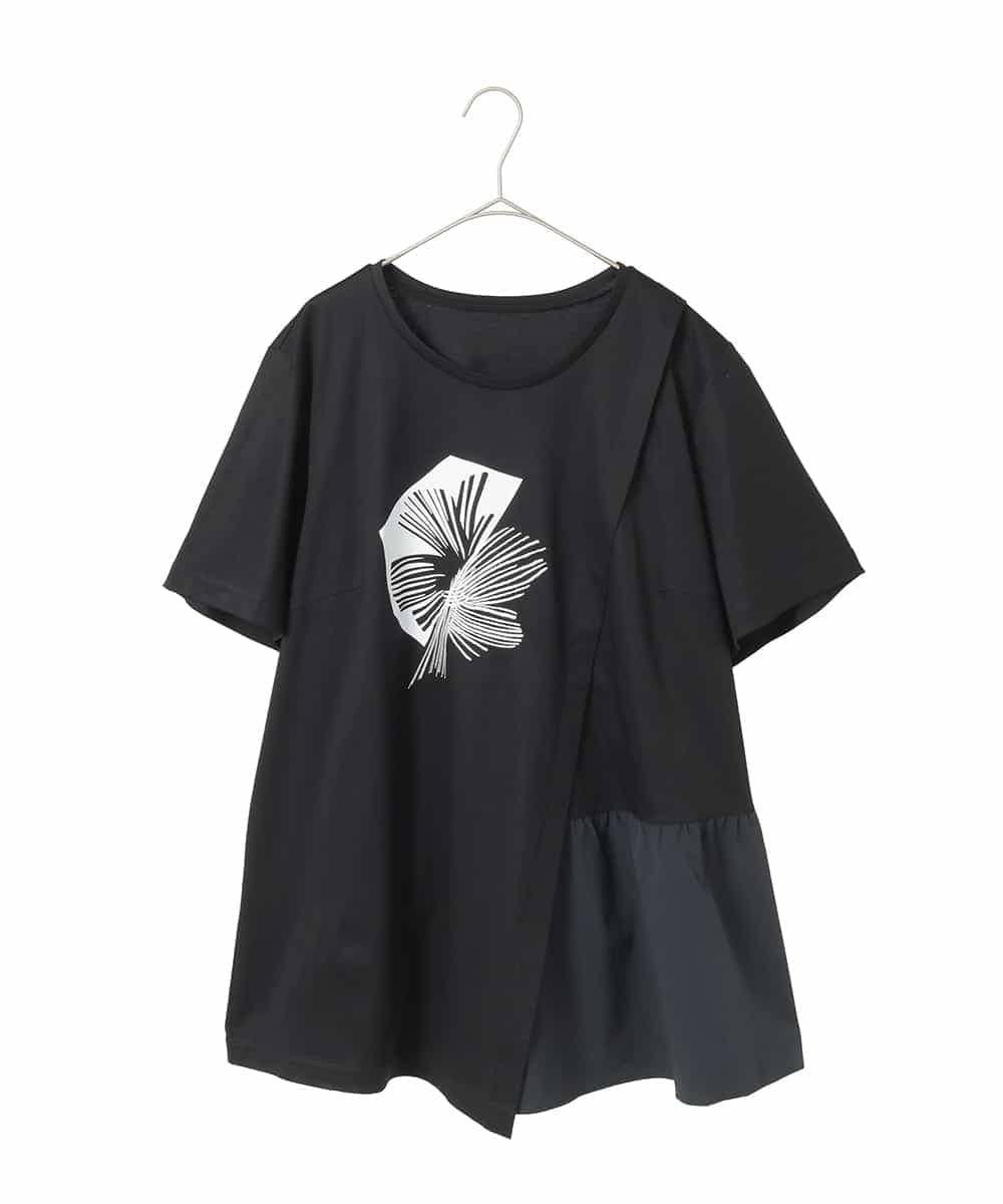 RLKIE12230 HIROKO BIS GRANDE(ヒロコ ビス グランデ) 【大きいサイズ/接触冷感】刺繍モチーフアシンメトリーチュニックTシャツ /洗える ブラック