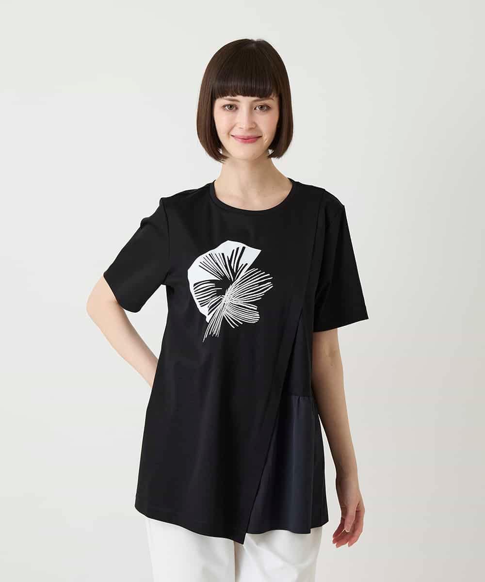 RLKIE12230 HIROKO BIS GRANDE(ヒロコ ビス グランデ) 【大きいサイズ/接触冷感】刺繍モチーフアシンメトリーチュニックTシャツ /洗える ブラック