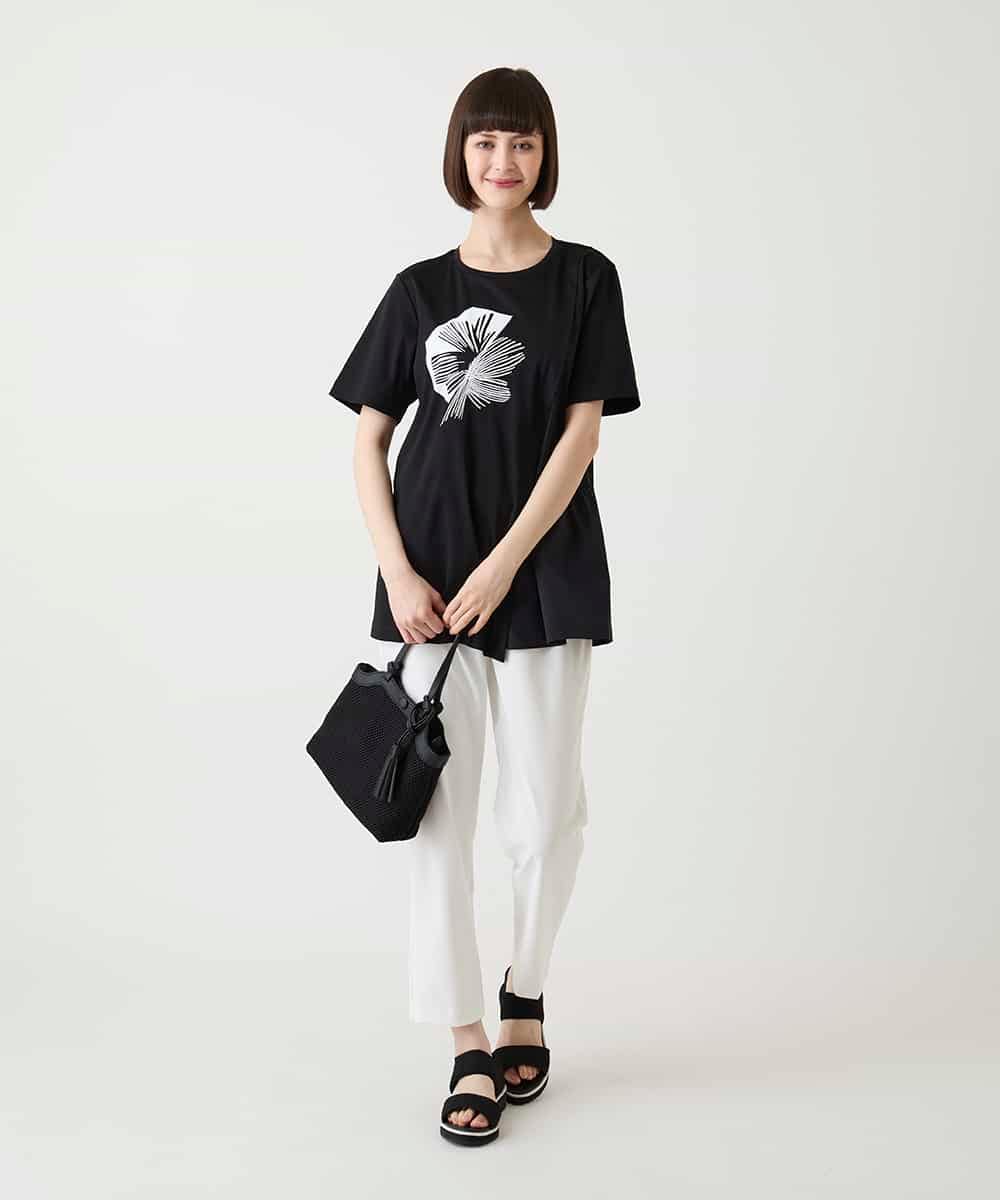 RLKIE12230 HIROKO BIS GRANDE(ヒロコ ビス グランデ) 【大きいサイズ/接触冷感】刺繍モチーフアシンメトリーチュニックTシャツ /洗える ブラック