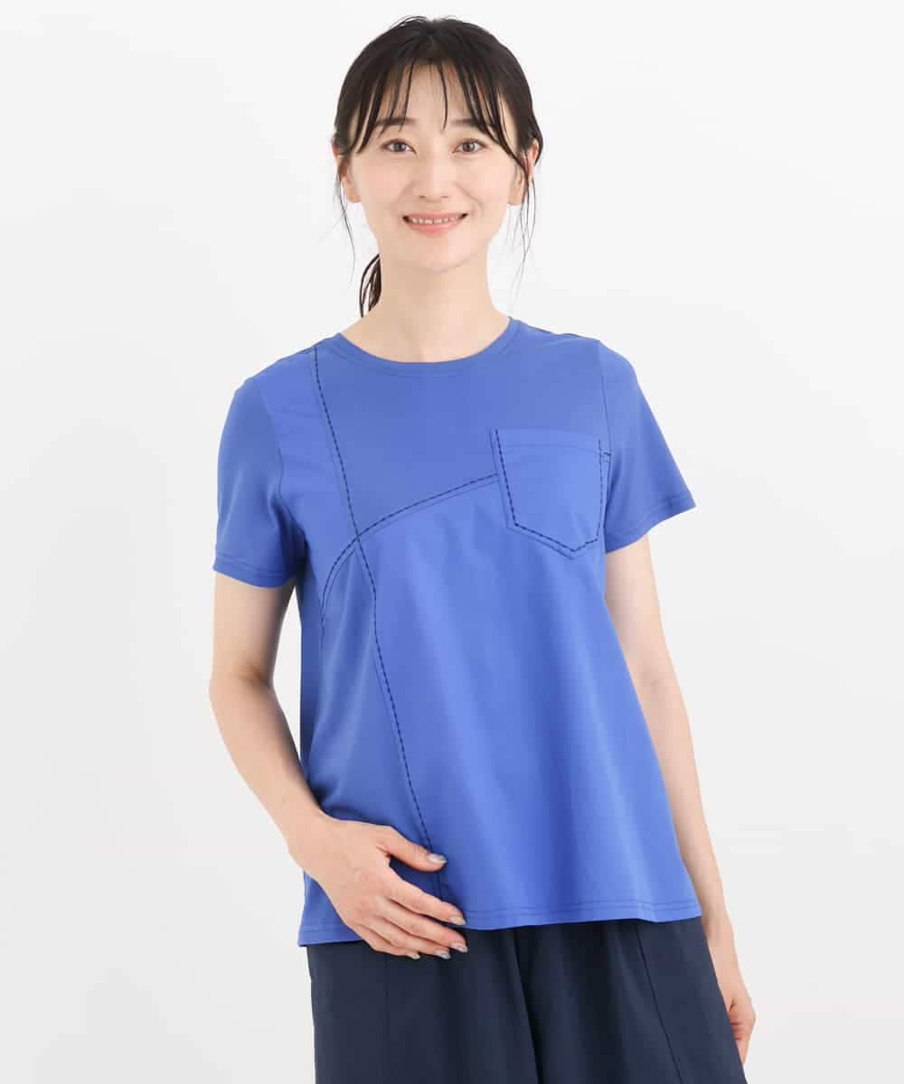 RLKIT10200 HIROKO BIS GRANDE(ヒロコ ビス グランデ) 【洗濯機で洗える】アクセントステッチ異素材ジョイントTシャツ ブルー