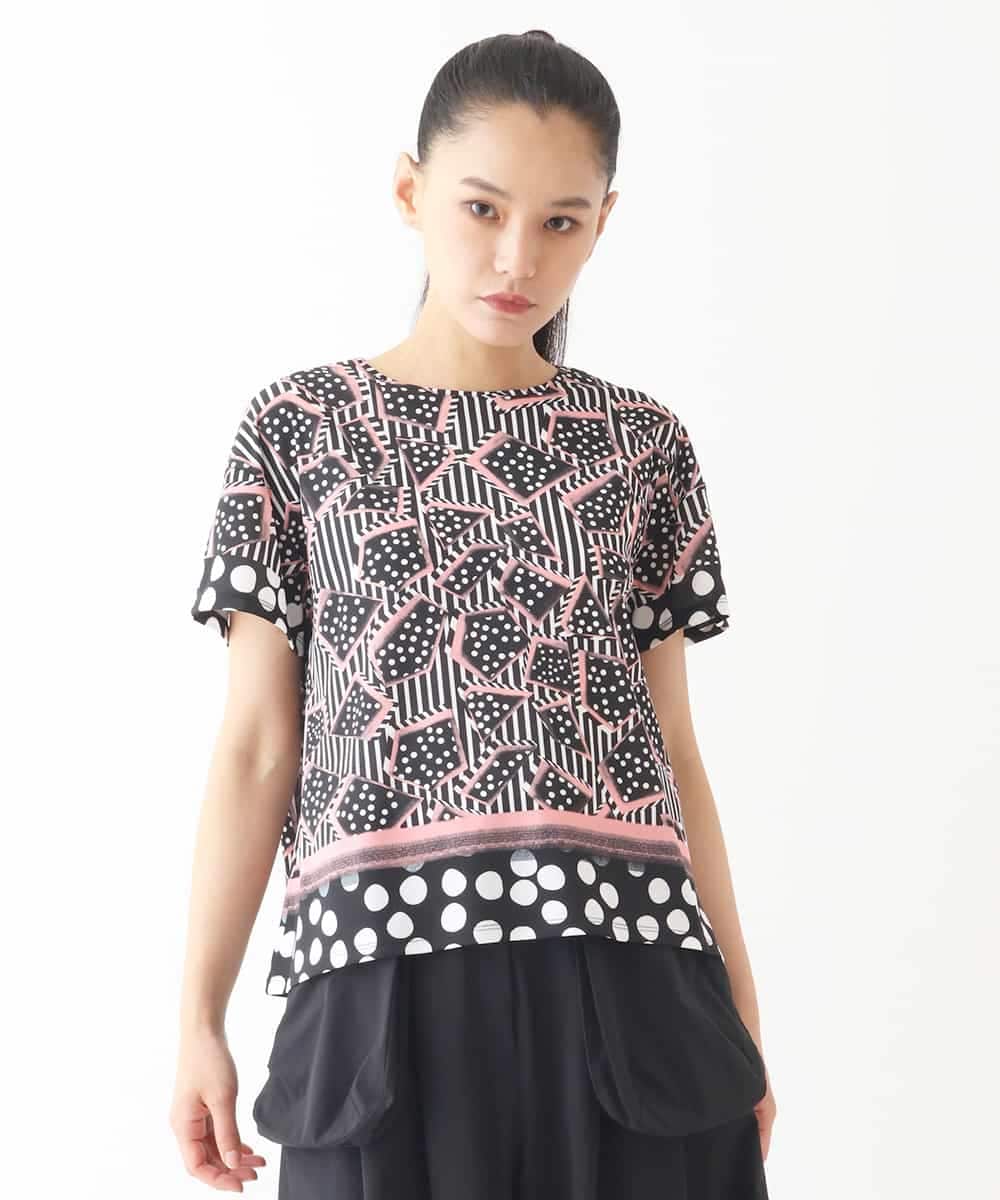 RLKIW30210 HIROKO BIS GRANDE(ヒロコ ビス グランデ) 【大きいサイズ】ジオメトリックドットデザインTシャツ /洗濯機で洗える ピンク