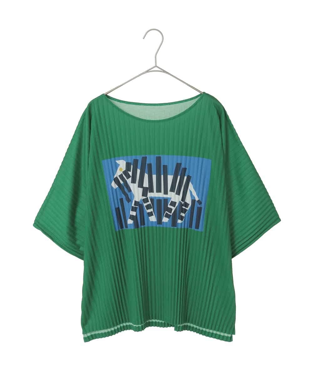 RLKJD05260 HIROKO BIS GRANDE(ヒロコ ビス グランデ) 【大きいサイズ】シマウマプリントプリーツデザインTシャツ グリーン
