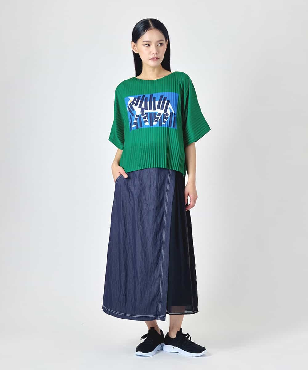 RLKJD05260 HIROKO BIS GRANDE(ヒロコ ビス グランデ) 【大きいサイズ】シマウマプリントプリーツデザインTシャツ グリーン