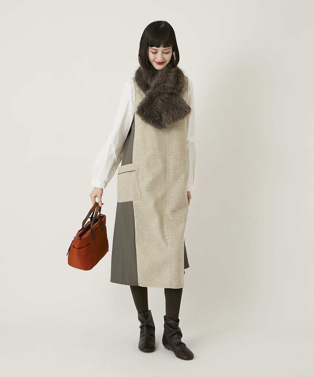 RLPAD27350 HIROKO BIS GRANDE(ヒロコ ビス グランデ) 【大きいサイズ】異素材Vネックジャンパースカート /洗える グレー