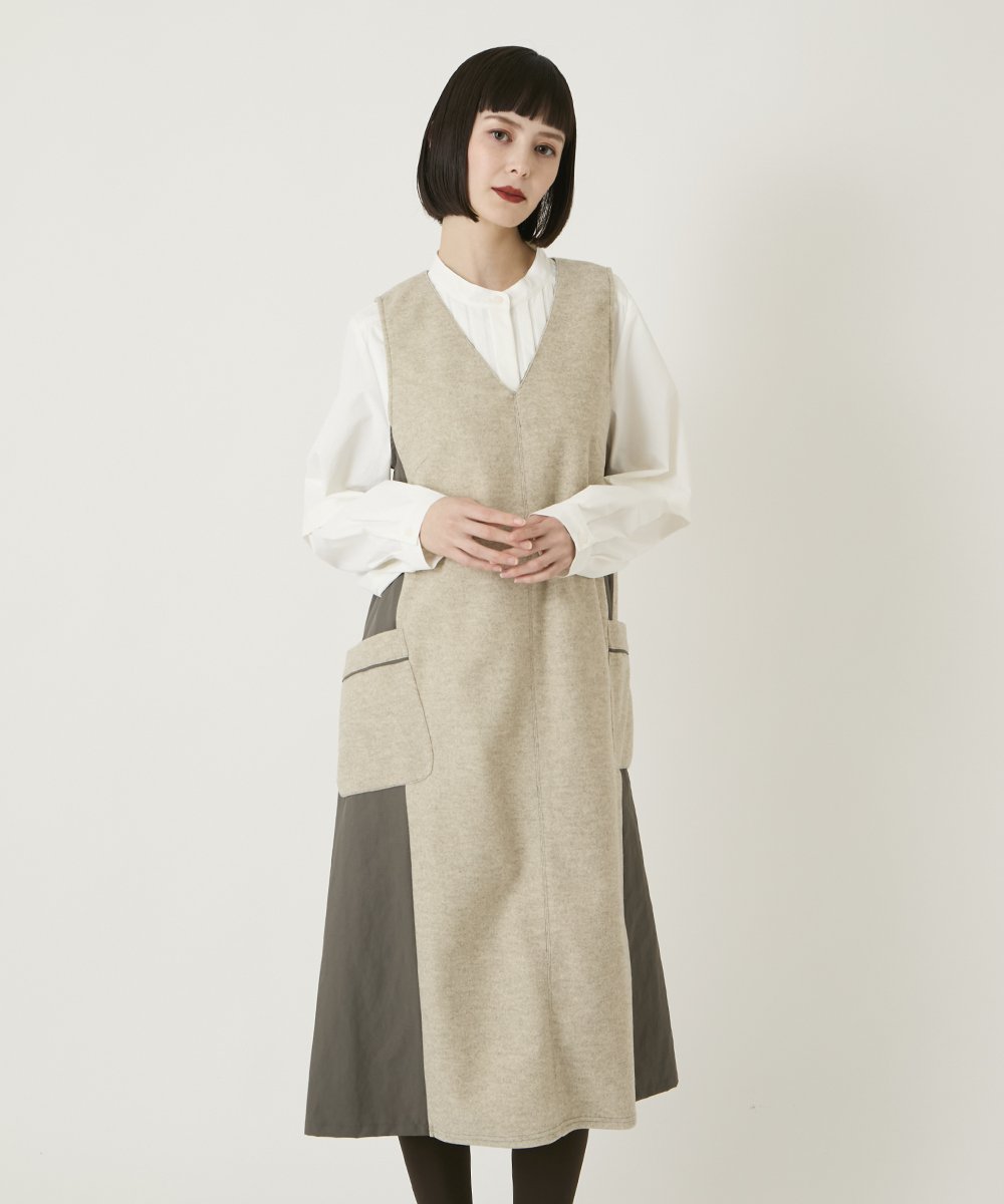 RLPAD27350 HIROKO BIS GRANDE(ヒロコ ビス グランデ) 【大きいサイズ】異素材Vネックジャンパースカート /洗える グレー