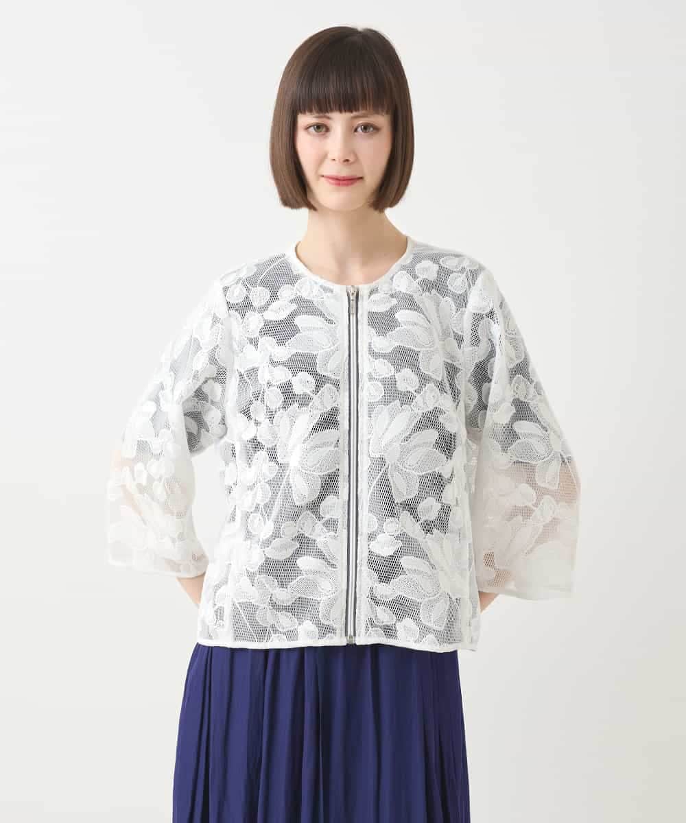 RLTHA01350 HIROKO BIS GRANDE(ヒロコ ビス グランデ) 【先行予約/大きいサイズ】ダブルメッシュフラワー刺繍ジャケット ホワイト