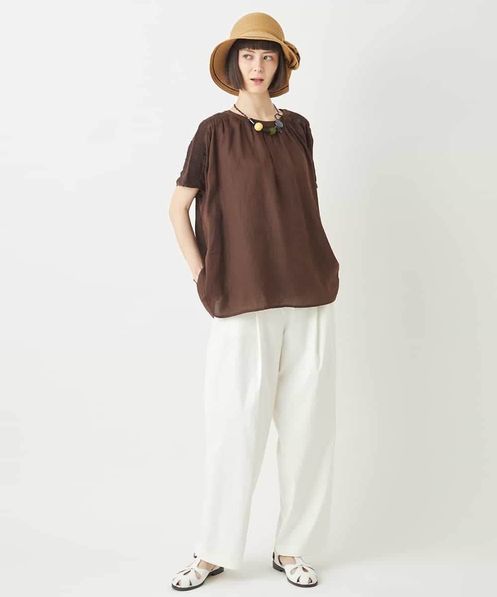 RMBFW61210 HIROKO BIS GRANDE(ヒロコ ビス グランデ) 【大きいサイズ/麻製品染め】スモッキングブラウス /洗える ピンク
