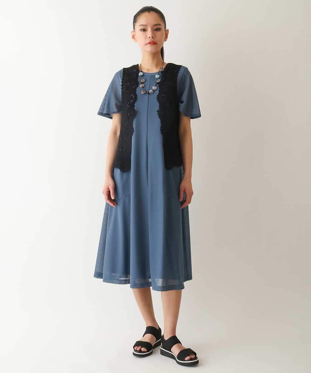 RMPGA63350 HIROKO BIS GRANDE(ヒロコ ビス グランデ) 【大きいサイズ/UVカット/遮熱性】ラッセルメッシュAラインワンピース /洗濯機で洗える ブルー