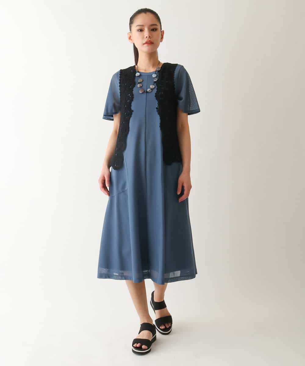 RMPGA63350 HIROKO BIS GRANDE(ヒロコ ビス グランデ) 【大きいサイズ/UVカット/遮熱性】ラッセルメッシュAラインワンピース /洗濯機で洗える ブルー