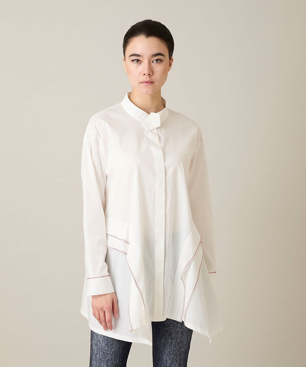 RSBFD18390 TRUNK HIROKO KOSHINO(ヒロココシノ) 配色ジグザグステッチチュニックブラウス/洗える ホワイト