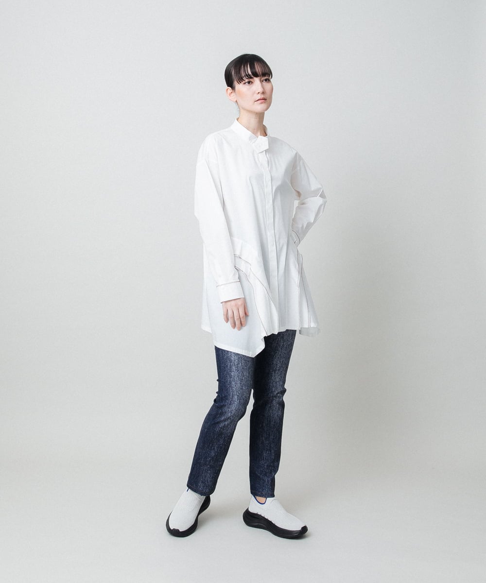 RSBFD18390 TRUNK HIROKO KOSHINO(ヒロココシノ) 配色ジグザグステッチチュニックブラウス/洗える ホワイト