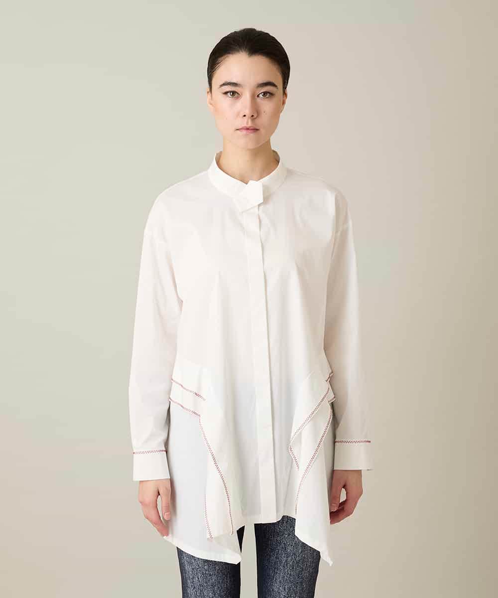 RSBFD18390 TRUNK HIROKO KOSHINO(ヒロココシノ) 配色ジグザグステッチチュニックブラウス/洗える ホワイト