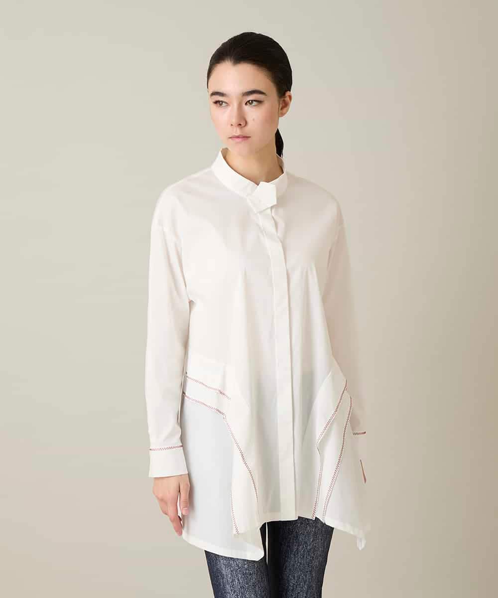 RSBFD18390 TRUNK HIROKO KOSHINO(ヒロココシノ) 配色ジグザグステッチチュニックブラウス/洗える ホワイト