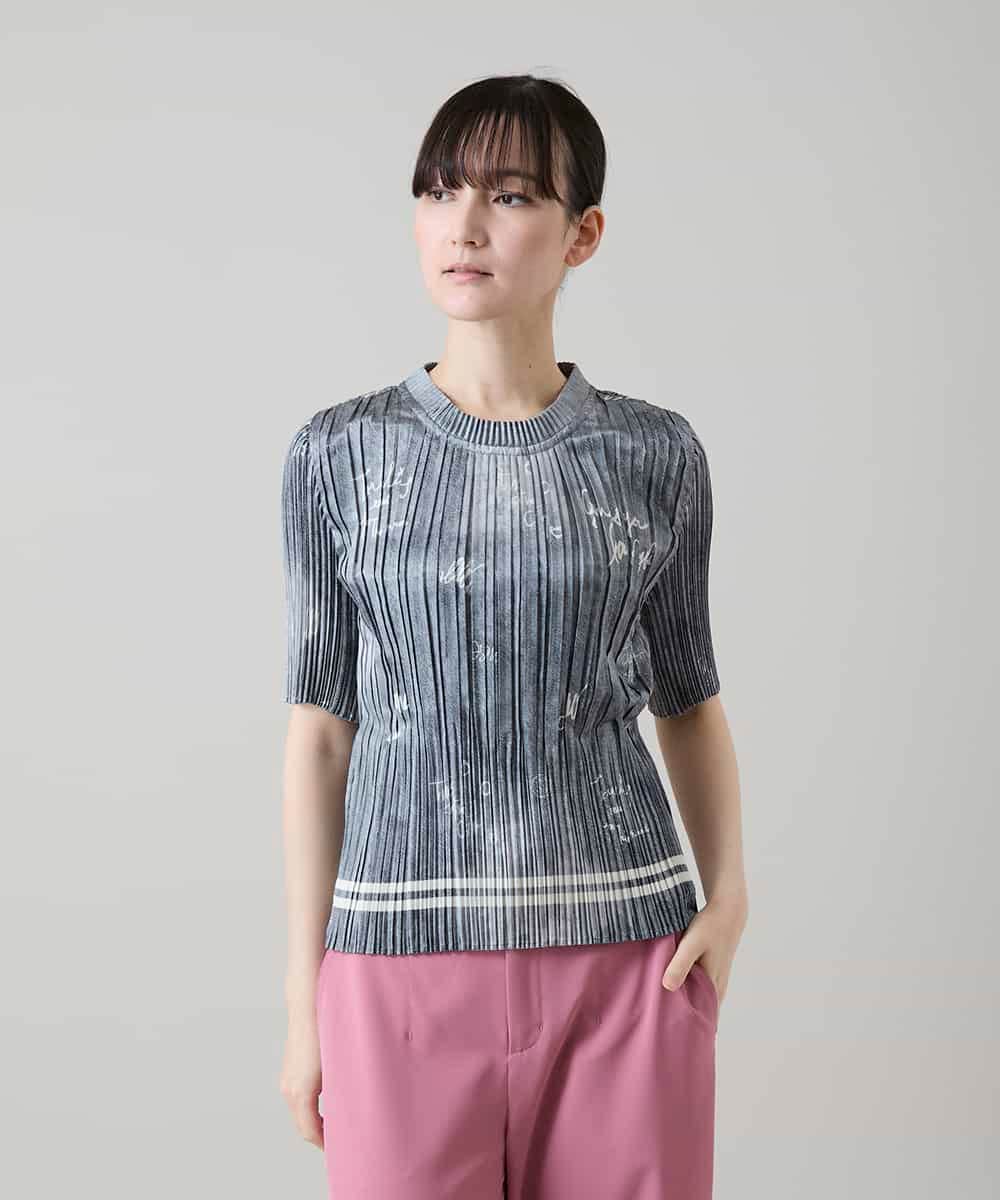 RSBGD02460 TRUNK HIROKO KOSHINO(ヒロココシノ) デニム風ロゴプリントプリーツプルオーバー/洗える ブラック