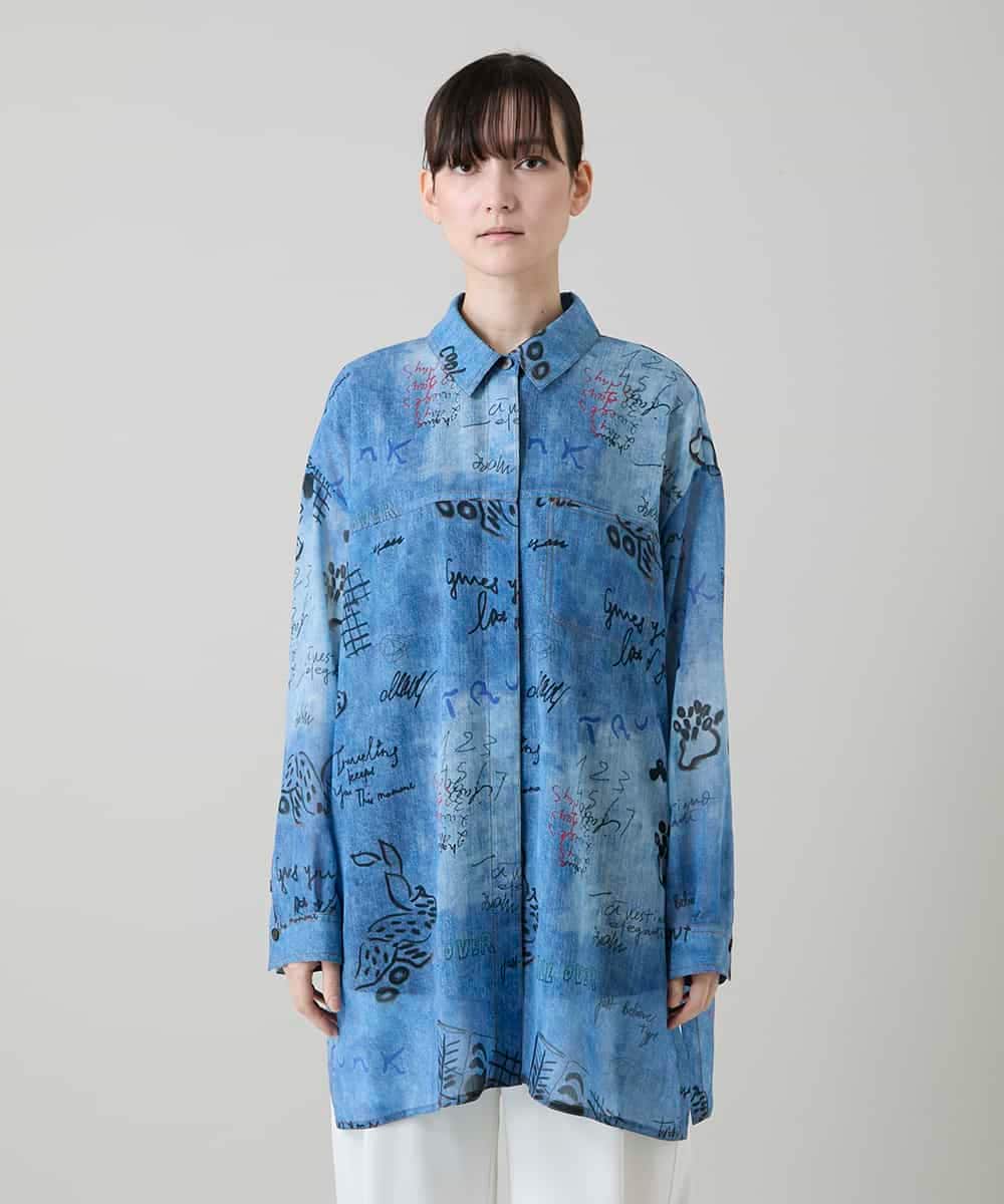 RSBGD04590 TRUNK HIROKO KOSHINO(ヒロココシノ) デニム風アートプリントロングシャツ/洗える ライトブルー