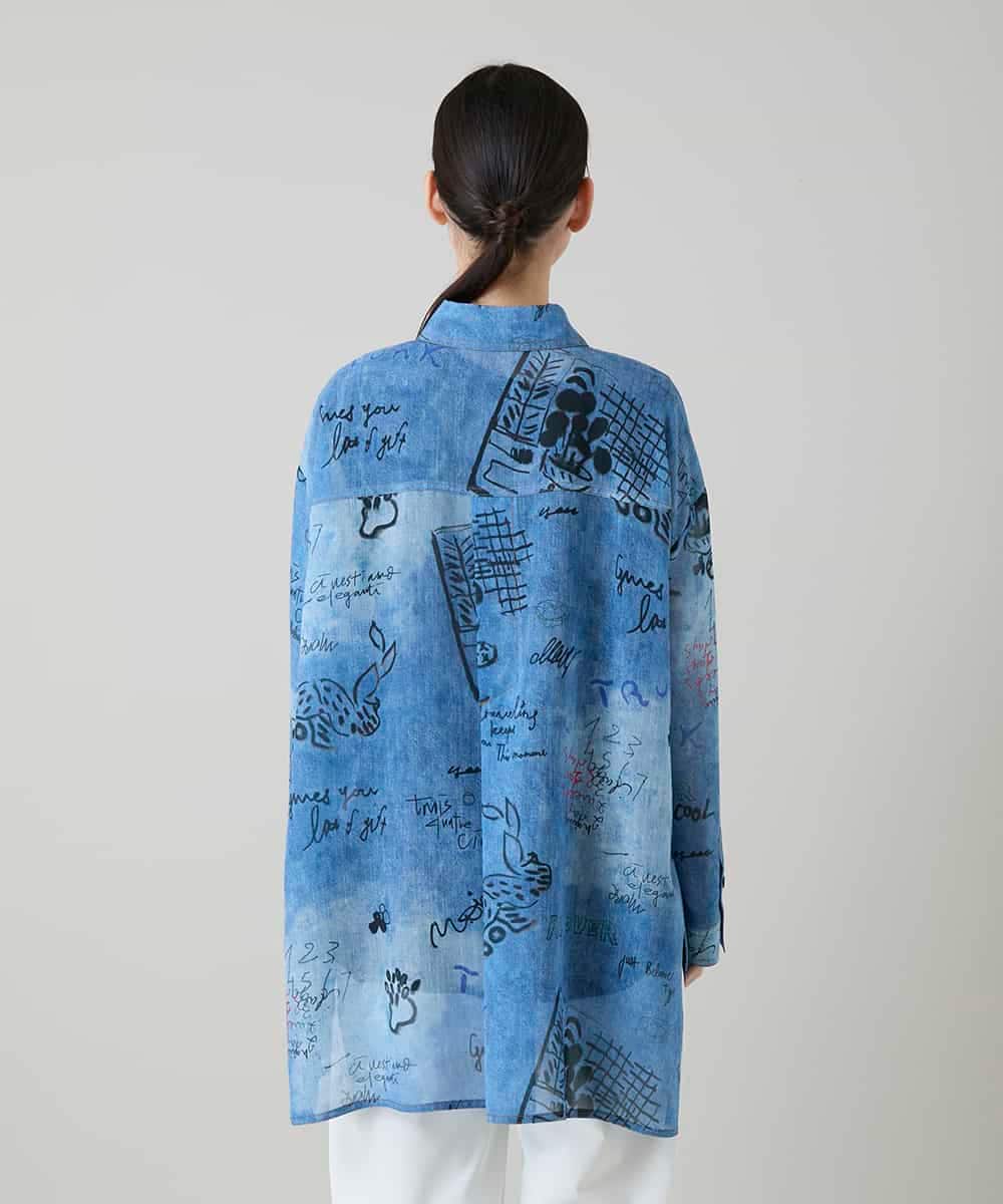 RSBGD04590 TRUNK HIROKO KOSHINO(ヒロココシノ) デニム風アートプリントロングシャツ/洗える ライトブルー