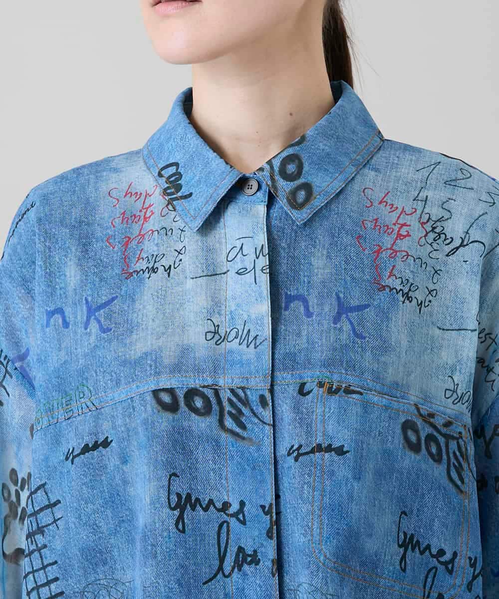 RSBGD04590 TRUNK HIROKO KOSHINO(ヒロココシノ) デニム風アートプリントロングシャツ/洗える ライトブルー