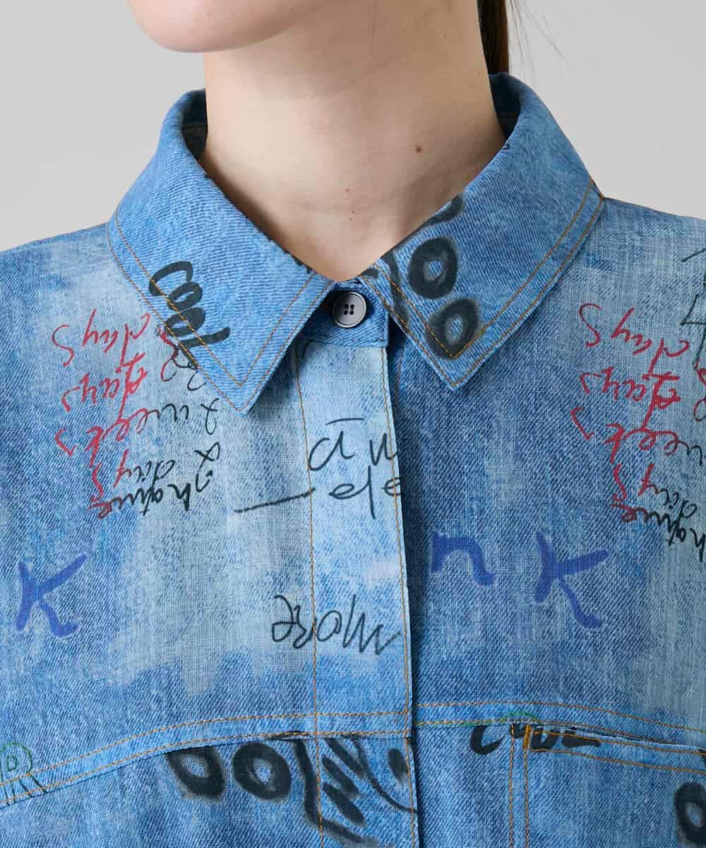RSBGD04590 TRUNK HIROKO KOSHINO(ヒロココシノ) デニム風アートプリントロングシャツ/洗える ライトブルー