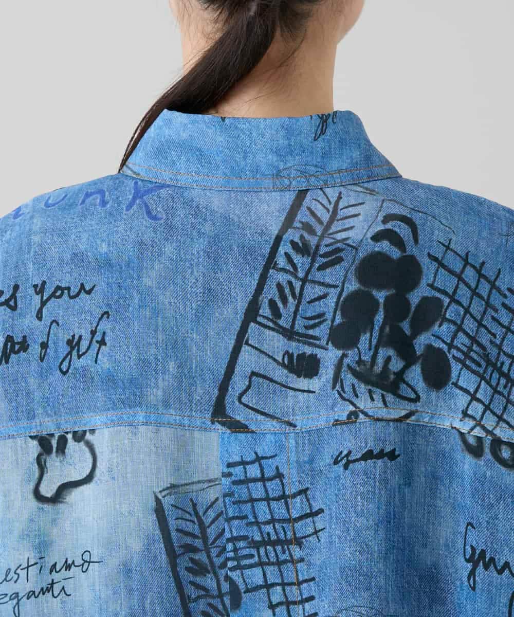 RSBGD04590 TRUNK HIROKO KOSHINO(ヒロココシノ) デニム風アートプリントロングシャツ/洗える ライトブルー