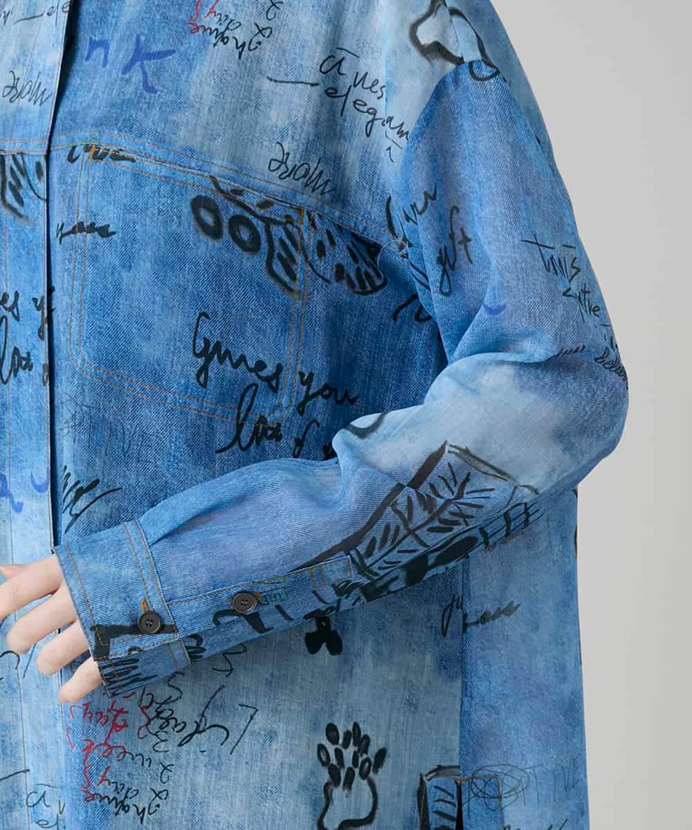 RSBGD04590 TRUNK HIROKO KOSHINO(ヒロココシノ) デニム風アートプリントロングシャツ/洗える ライトブルー