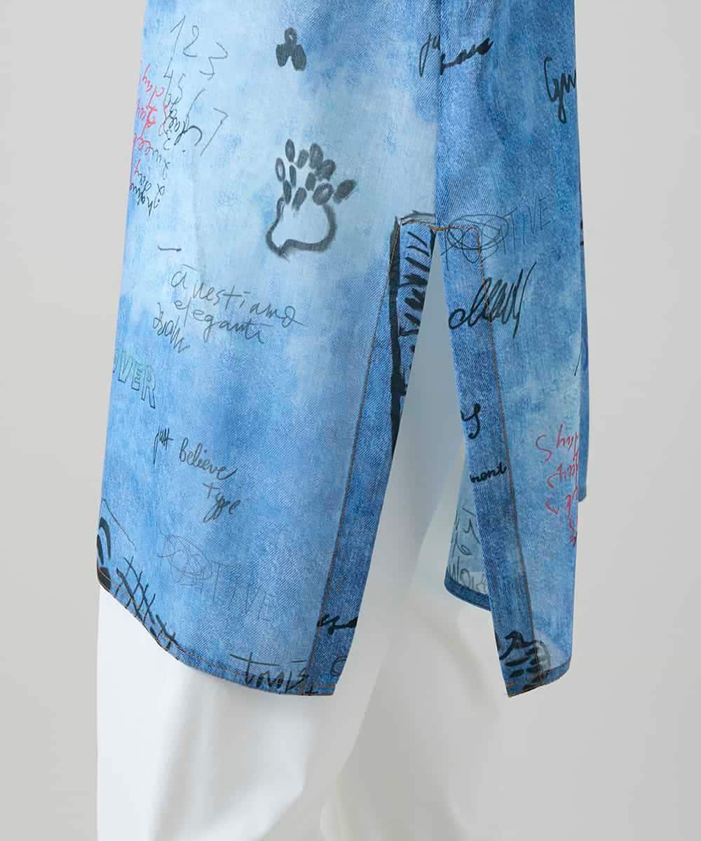 RSBGD04590 TRUNK HIROKO KOSHINO(ヒロココシノ) デニム風アートプリントロングシャツ/洗える ライトブルー