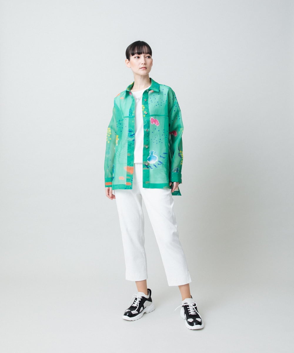 RSBGE03560 TRUNK HIROKO KOSHINO(ヒロココシノ) 【先行予約】アートプリントシアーシャツブラウス/洗える グリーン