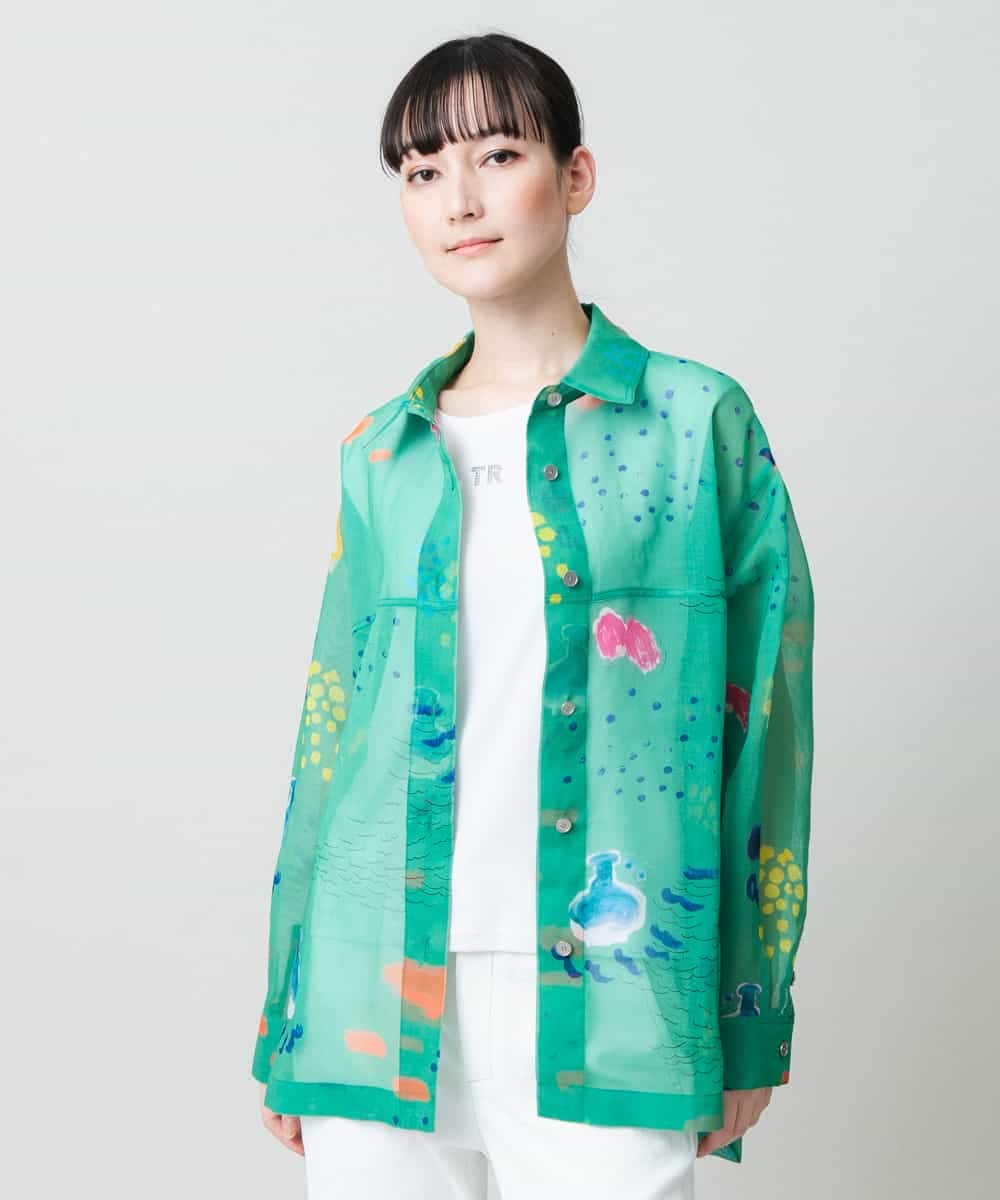 RSBGE03560 TRUNK HIROKO KOSHINO(ヒロココシノ) 【先行予約】アートプリントシアーシャツブラウス/洗える グリーン