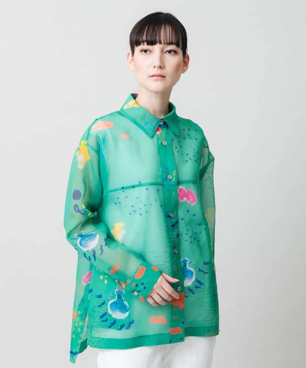 RSBGE03560 TRUNK HIROKO KOSHINO(ヒロココシノ) 【先行予約】アートプリントシアーシャツブラウス/洗える グリーン