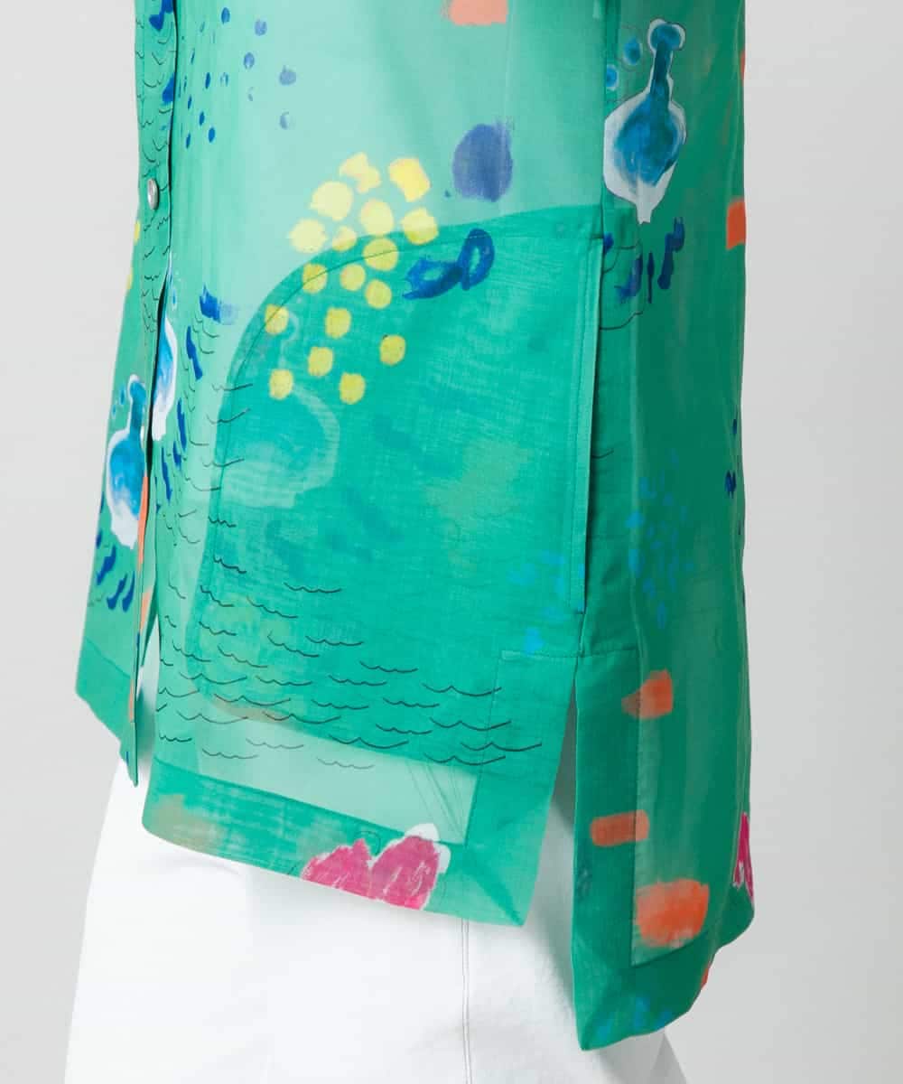 RSBGE03560 TRUNK HIROKO KOSHINO(ヒロココシノ) 【先行予約】アートプリントシアーシャツブラウス/洗える グリーン
