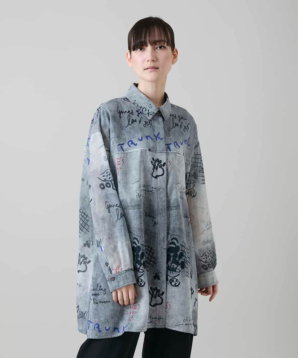 RSBGF04590 TRUNK HIROKO KOSHINO(ヒロココシノ) デニム風アートプリントロングシャツ ブラック