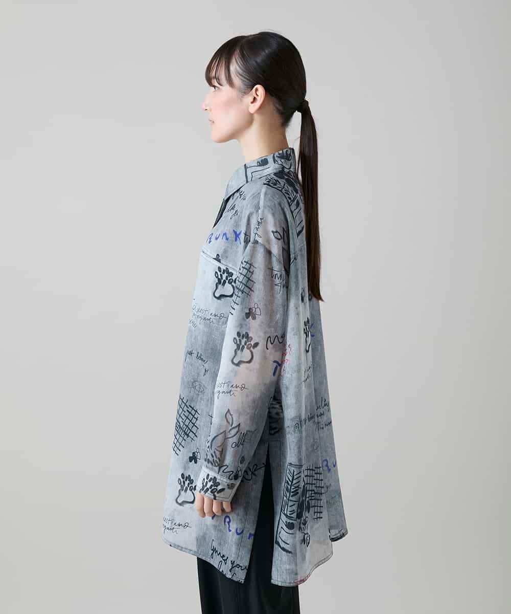 RSBGF04590 TRUNK HIROKO KOSHINO(ヒロココシノ) デニム風アートプリントロングシャツ ブラック