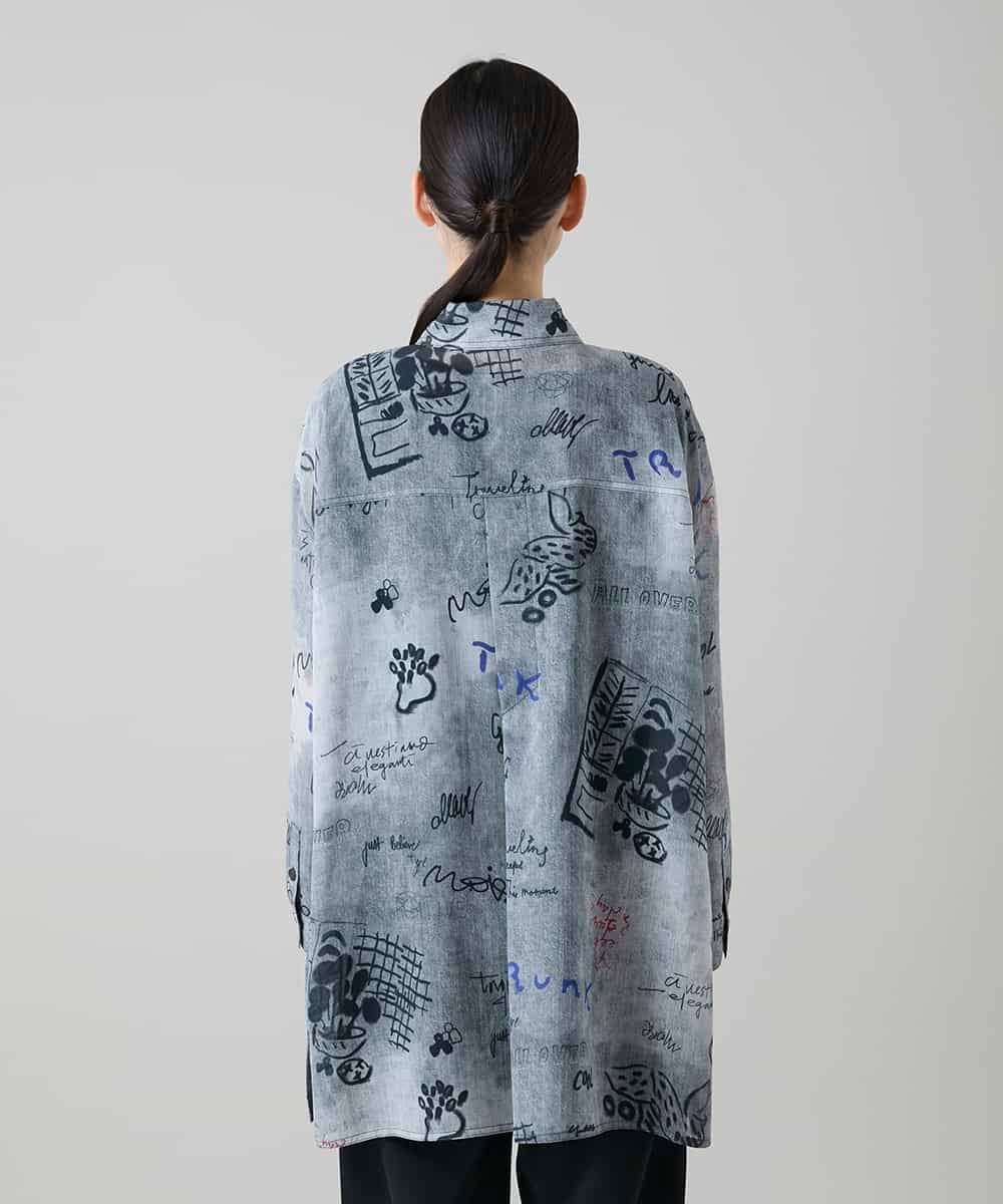 RSBGF04590 TRUNK HIROKO KOSHINO(ヒロココシノ) デニム風アートプリントロングシャツ ブラック