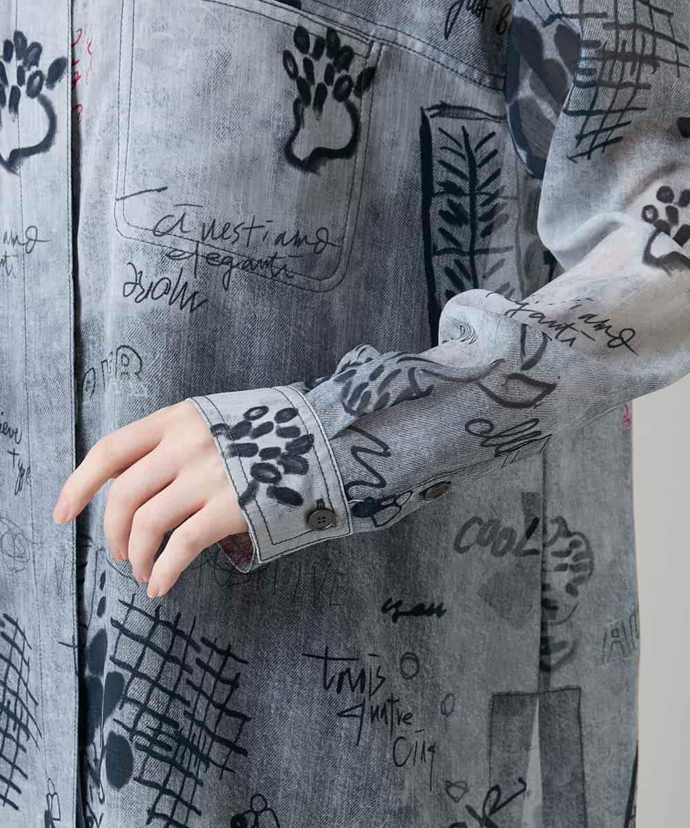 RSBGF04590 TRUNK HIROKO KOSHINO(ヒロココシノ) デニム風アートプリントロングシャツ ブラック