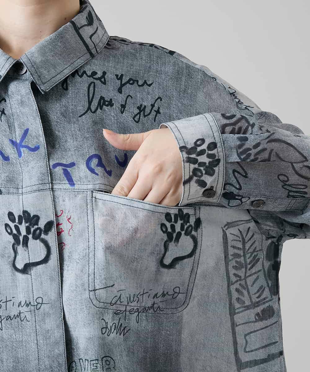 RSBGF04590 TRUNK HIROKO KOSHINO(ヒロココシノ) デニム風アートプリントロングシャツ ブラック